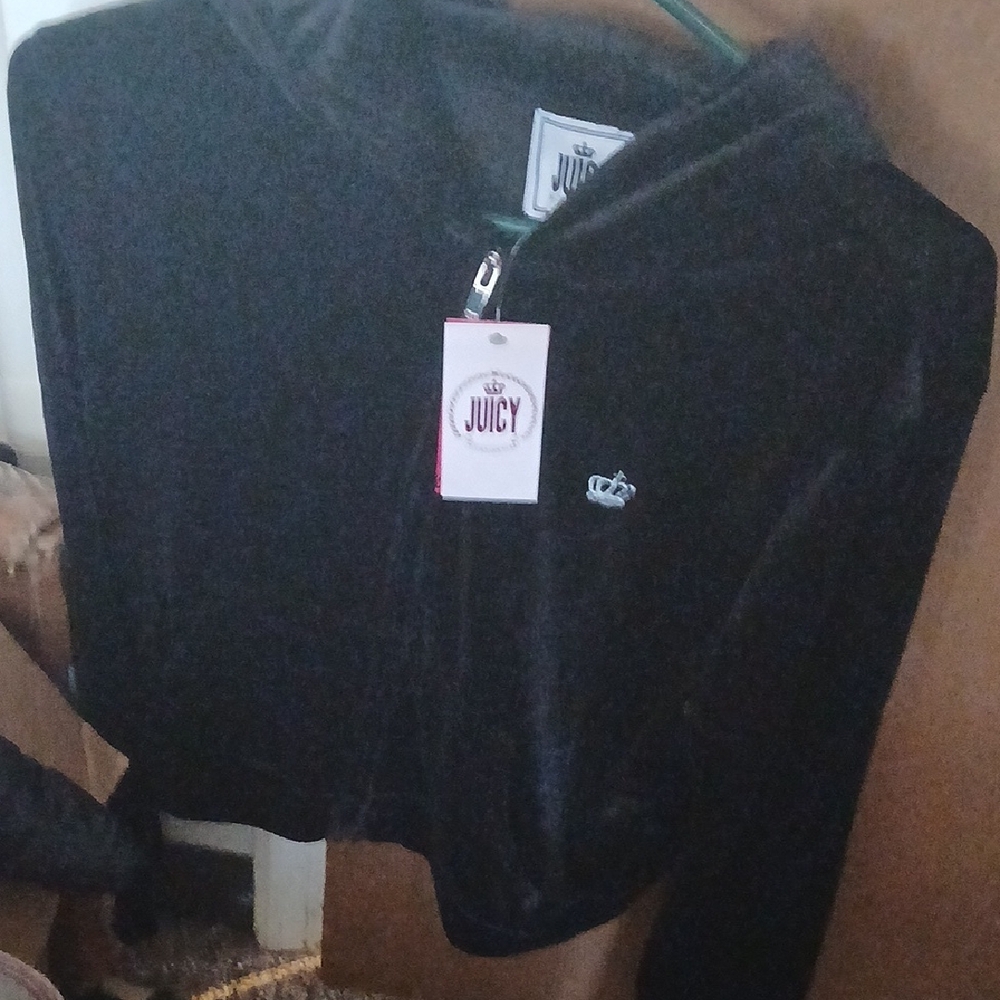 Juicy Couture Black Velour Zip Hoodie with Crown Embroidery